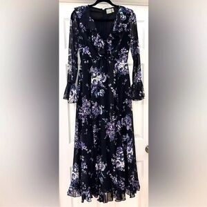 ASOS Black Ruffle Trim Purple Floral Double Front Slit Maxi Dress sz 4